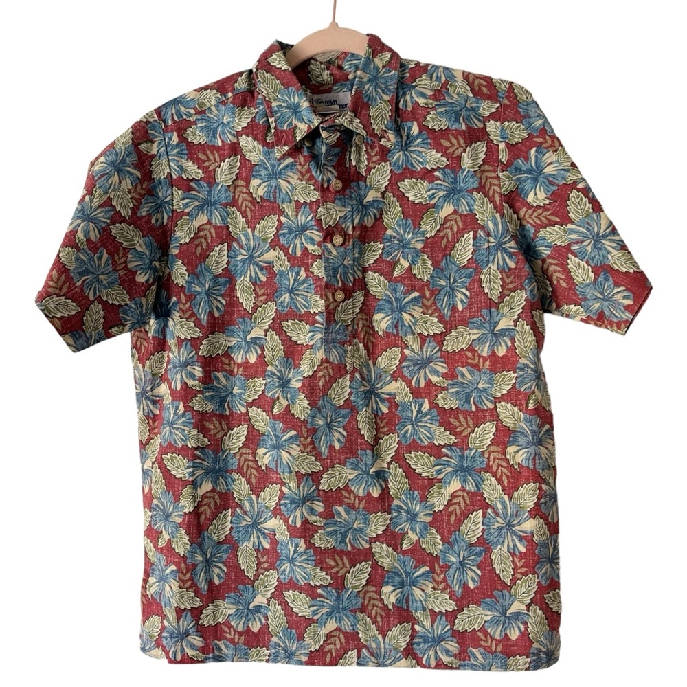 reyn spooner Red Floral Hawaiian Shirt with Blue and Cream Leaves